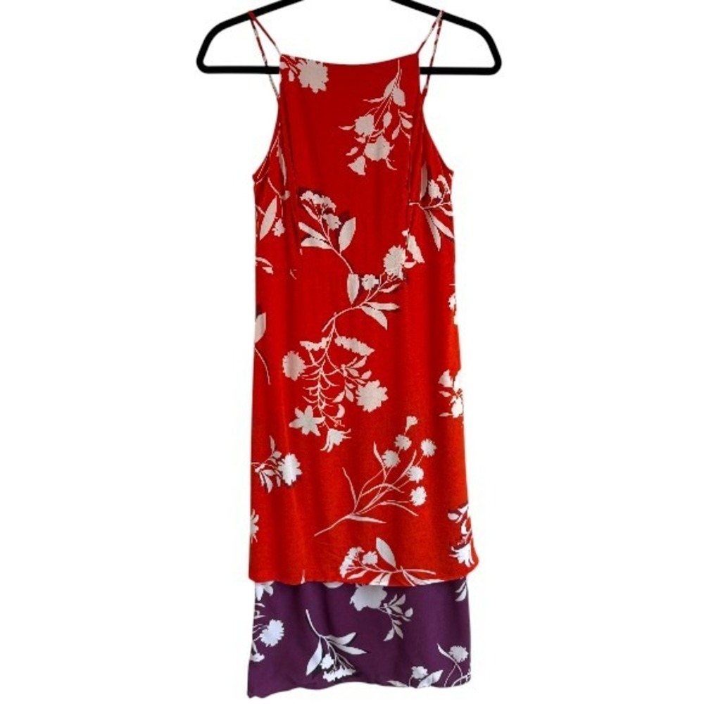 NWT Ann Taylor Floral Midi Dress 00P Red Purple Layered Hem Summer Garden Party